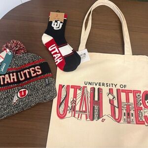 NWT University of Utah Utes Beanie, Socks, and Tote Set